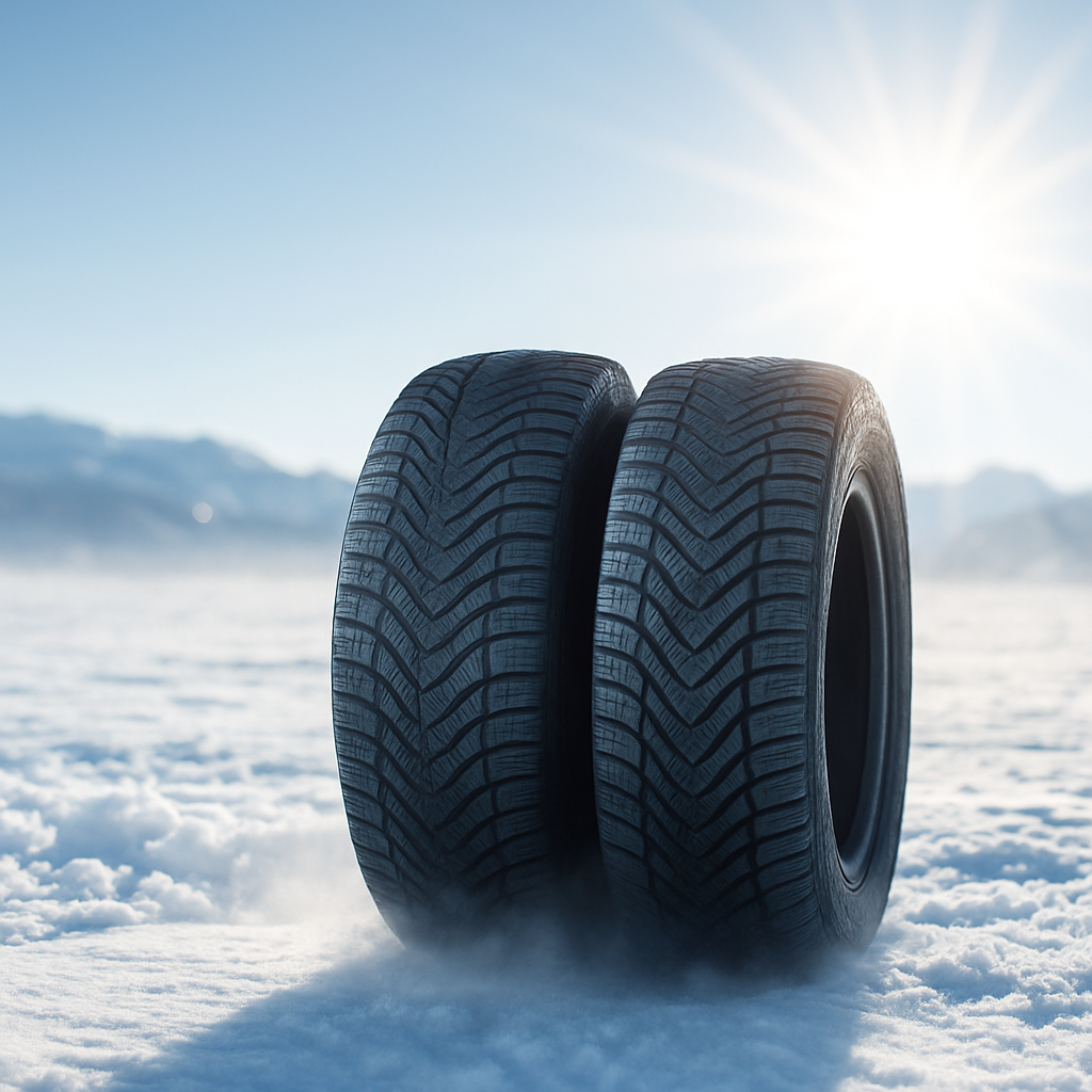 Winter tyres on snowy ground under bright sun, representing winter tyre fitting and cold-weather safety checks by Midland Tyre Solutions in the Midlands.